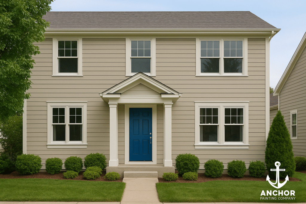 exterior-fort-collins-house-painter House Painter in Fort Collins, CO - Anchor Painting - a house with 5 windows, shrubs, columns and a blue door