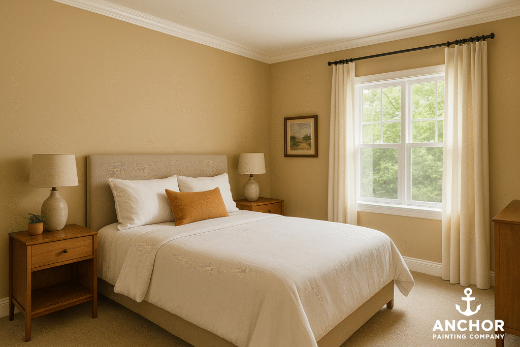 Fort Collins Living Room & Bedroom Painting - Anchor Painting - a warm painted bedroom with a bed, lam, art, and a window