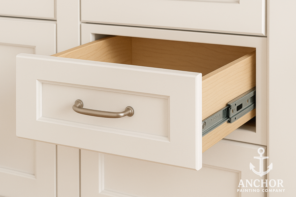 fort-collins-cabinet-soft-upgrades Fort Collins, CO Cabinet Soft Upgraes - Anchor Painting - an open draw with new fixtures for replacement