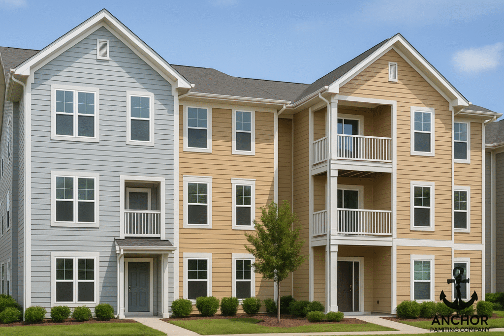 fort-collins-co-apartment-painting Apartment Painters in Fort Collins - Anchor Painting - a multi-colored three floor apartment complex with windows, shrubbery and walking paths