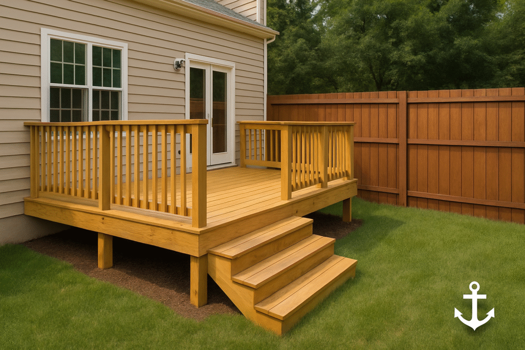 fort-collins-co-deck-fence-painting Fort Collins, CO deck and fence painting - Anchor Painting - a stained ceck and fence, eauring nice grass and back door window
