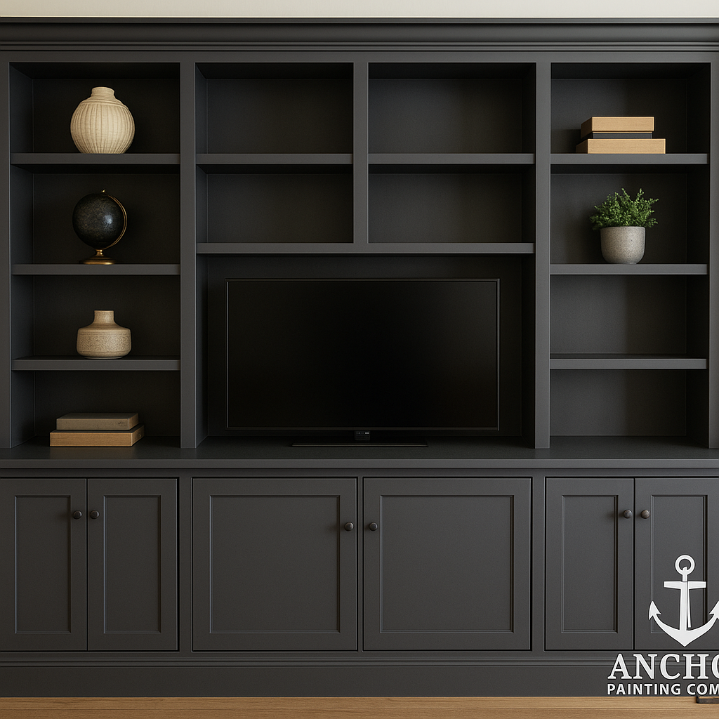 fort-collins-co-entertainment-center-book-shelf-painter Fort Collins, CO Built in Bookshelf Painter - Anchor Painting - an olive built-in bookshelf with an entertainment center, TV, books, and art pieces