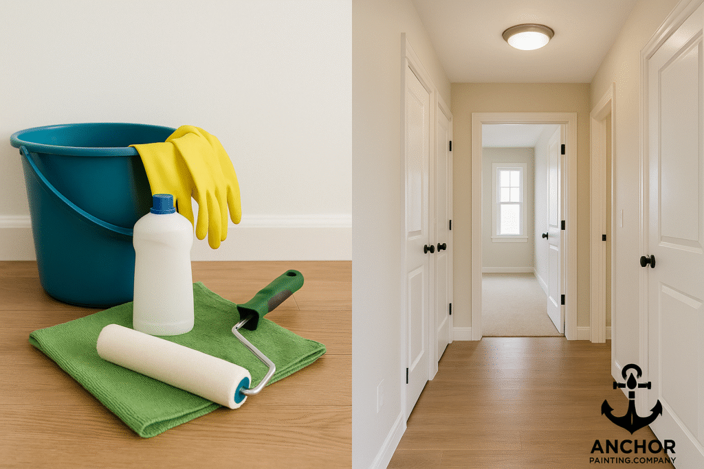 fort-collins-co-post-paint-clean-up Post Painting Cleanup in Fort Collins, CO - Anchor Painting - a split image of cleaning products and a clean hallway