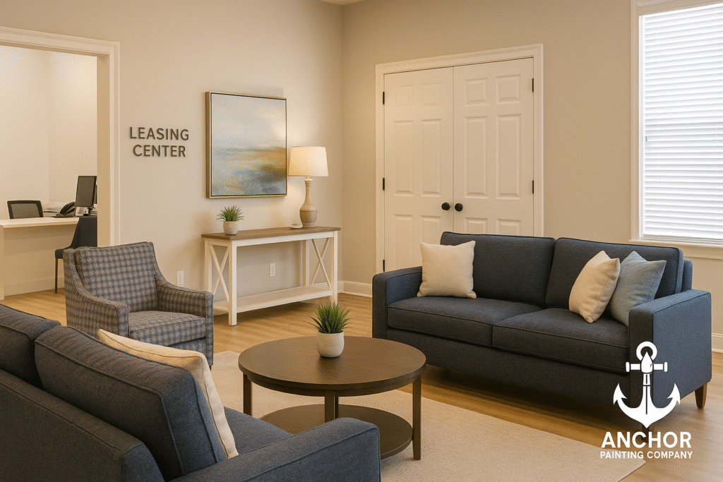 fort-collins-condo-painting Condo Painting in Fort Collins, CO - Anchor Painting - a leasing office with green couches, art, a coffee table, and art on the wall