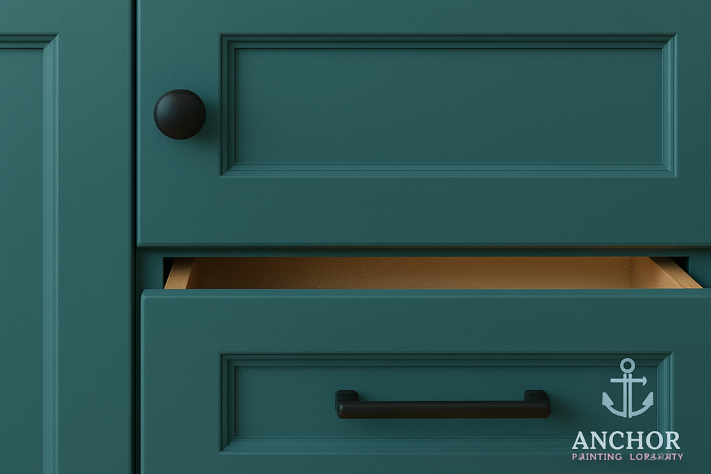 fort-collins-custom-cabinet-painting Fort Collins, CO Custom Cabinet Painter - Anchor Painting - a olive custom cabinet with an open drawer