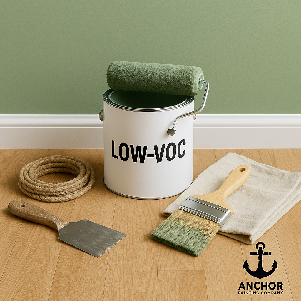 fort-collins-low-voc-painting low-voc painting in Fort Collins, CO - Anchor Painting - a white paint bucket that says low voc, paint brushes