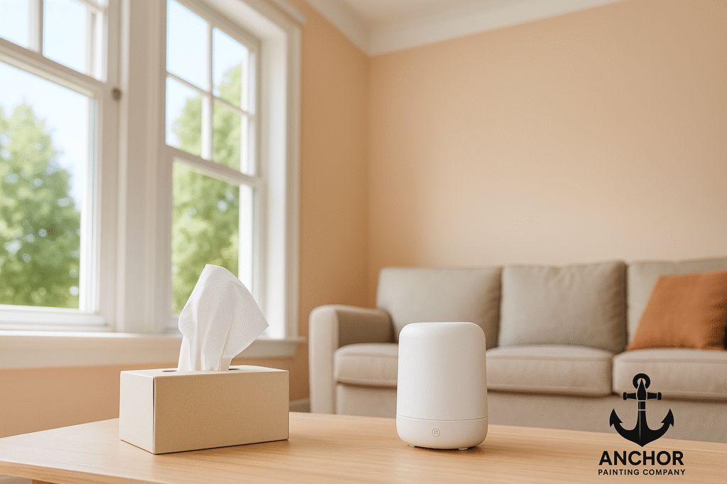 fort-collins-paint-allergy-painting Fort Collins, CO paint allergy painting - Anchor Painting - a clean living room with air humidifier, tissues, and an open window