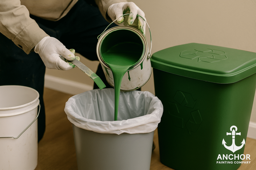 fort-collins-paint-cleanup Fort Collins, CO Safe Paint Disposal - Anchor Painting - paint is poured into a white safe recycling receptacle