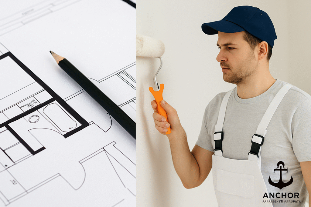 fort-collins-professional-painting-service-prep Fort Collins, CO professional painting service prep - Anchor Painting - a blueprint for sketching painting services and a painter using a paint roller