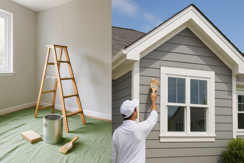 fort-collins-safe-painting-practices Fort Collins, CO eco safe painting - Anchor Painting - a split image of a ladder and paint brush, the other side with a painter painting