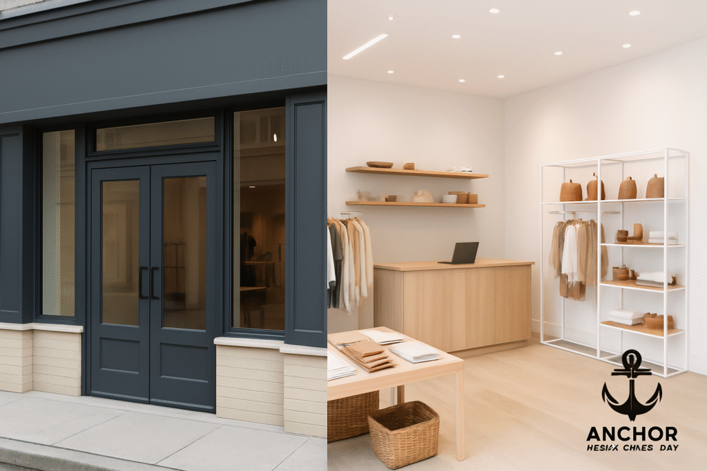 fort-collins-storefront-painting Storefront Painting in Fort Collins, CO - Anchor Painting - a split image of a green storefront painting and a biege interior paint with desks, shelves, and a cabinet