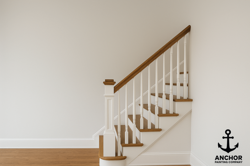 Fort Collins Staircase & Railing Painting - Anchor Painting - a whie wall, white painted railing, and brown wooden refinished steps 