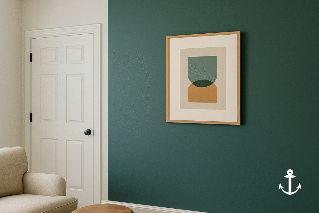 Wall Painting in Fort Collins, CO - Anchor Painting - a green accent wall with art next to a white wall and door, and artwork